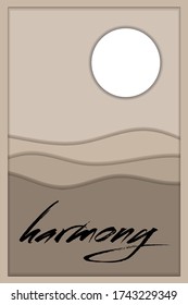 Beautiful minimalistic poster in the Japanese style. Foggy hills. Nature, desert, sand, mountains. Harmonious illustration in pastel colors. Stylish paper engraving. EPS 10
