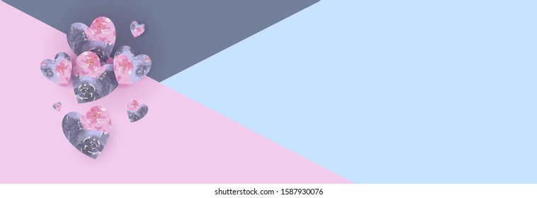 Beautiful minimalistic spring background with a heart and watercolor stains for Valentine's Day, Mother's Day and Women's Day for a sale, advertising banner or stories with paper cut hearts.