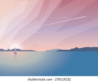 beautiful minimalistic summer time ocean view landscape with sailing boat on sunset and airplanes traveling through the sky filled with stars