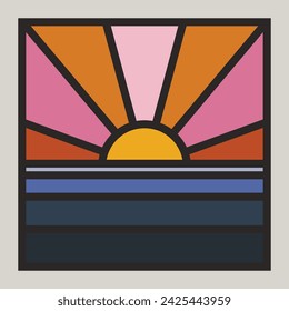 Hermosa y minimalista puesta de sol junto al mar en colores rosa, rojo, naranja y azul
