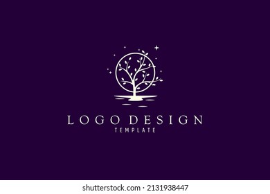 Beautiful minimalistic tree flat logo on moon background and sparkling stars.
