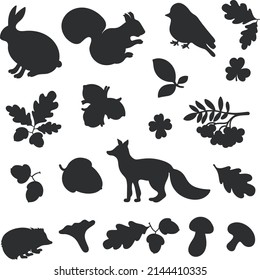 Beautiful minimalistic vector silhouettes of forest animals and plants