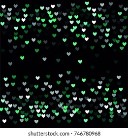 Beautiful Mint Confetti Hearts Falling on Black Background. Invitation Template Background Design, Greeting Card, Poster. Valentine Day. Vector illustration