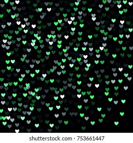 Beautiful Mint Confetti Hearts Falling on Black Background. Invitation Template Background Design, Greeting Card, Poster. Valentine Day. Vector illustration