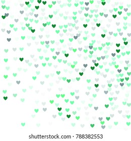 Beautiful Mint Confetti Hearts Falling on White Background. Invitation Template Background Design, Greeting Card, Poster. Valentine Day. Vector illustration