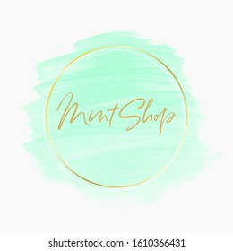 Beautiful mint watercolor logo shop design with golden round frame - Vector.