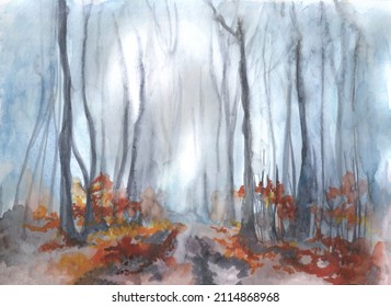 Beautiful misty forest, vector drawn by hand. The forest is in gray-blue tones with yellow leaves.Interior design, wallpaper, screensaver, cover, background, wallpaper, book illustration.