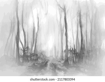 Hermoso bosque de niebla, vector dibujado a mano. El bosque está en tonos grises y azules con hojas amarillas. Diseño interior, papel pintado, salvapantallas, cubierta, fondo, papel pintado, ilustración de libros.