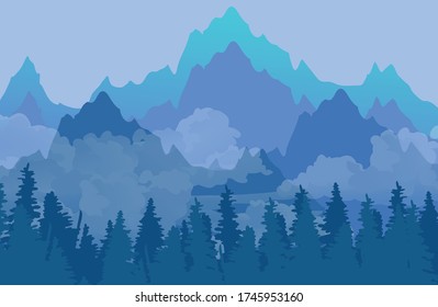 Beautiful Misty mountain forest Landscape Vector Illustration