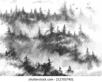 Beautiful misty spruce forest. Vector illustration drawn by hand. Interior design, wallpaper, screensaver, cover, background, wallpaper, book illustration.