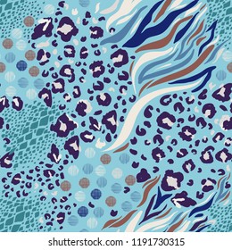 Beautiful  Mix animal skin prints ,Leopard, snake, zebra, tiger safari africa seamless pattern vector design for fashion,fabric and all prints on sky blue background