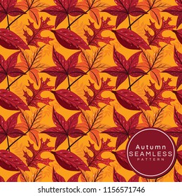 Beautiful Mix of colorful Autumn leaves on orange background Seamless Pattern