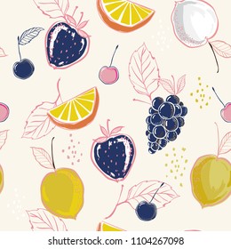Beautiful Mixed summer fruits colorful hand sketch ,drawing and paint style in seamless pattern vector for fashion fabric and all prints on white background color 