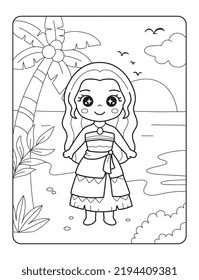 beautiful moana princess at the beach printable coloring page