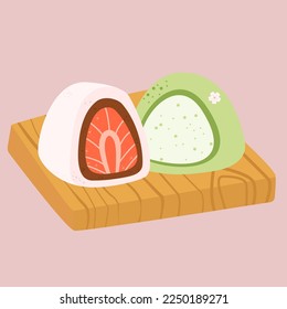 Beautiful mochi with strawberries and matcha. Spring daifuku. Traditional Japanese sweets. Asian desserts. Stock vector illustration.