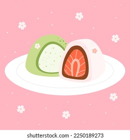 Hermoso mochi con fresas y matcha. Daifuku de primavera. Dulces tradicionales japoneses. Postres asiáticos. Ilustración vectorial de material.