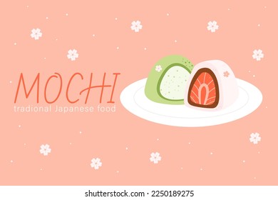 Beautiful mochi with strawberries and matcha. Spring daifuku. Traditional Japanese sweets. Asian desserts. Stock vector illustration.