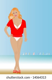 beautiful model demonstrating white bikini on beach