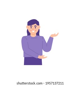 a beautiful model. facial expression, smile. a woman pose. present, want to show something. SPG or Sales Promotion Girl. flat style. design vector illustration