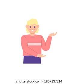 a beautiful model. facial expression, smile. a woman pose. present, want to show something. SPG or Sales Promotion Girl. flat style. design vector illustration