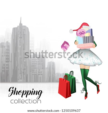 Beautiful model with gifts in Santa's cap. Stylish cute girl in fashionable clothes. Sketch. Fashionable woman, fashion banner with text template, online advertising on social networks with a beautifu