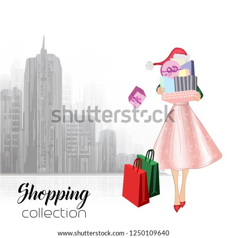Beautiful model with gifts in Santa's cap. Stylish cute girl in fashionable clothes. Sketch. Fashionable woman, fashion banner with text template, online advertising on social networks with a beautifu