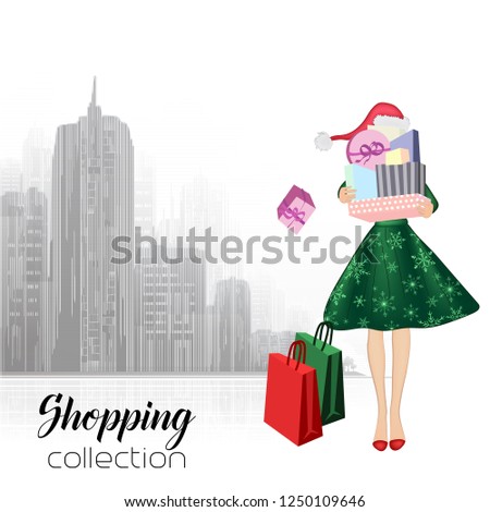 Beautiful model with gifts in Santa's cap. Stylish cute girl in fashionable clothes. Sketch. Fashionable woman, fashion banner with text template, online advertising on social networks with a beautifu