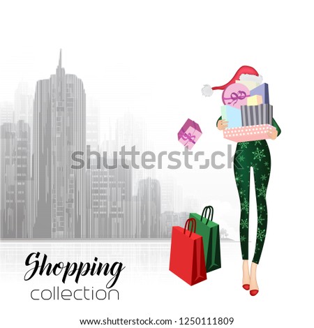 Beautiful model with gifts in Santa's cap. Stylish cute girl in fashionable clothes. Sketch. Fashionable woman, fashion banner with text template, online advertising on social networks with a beautifu