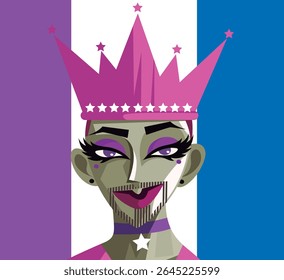 beautiful model with lgbt drag proud flag and a crown