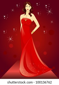 Beautiful model on ramp with sparkling background. EPS 10, vector illustration.