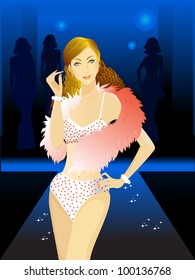 Hermosa modelo, caminando en rampa sobre el fondo de la silueta de modelos. EPS 10. ilustración vectorial.