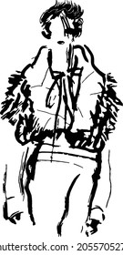A beautiful model wearing a fur cape, long-sleeved top and pencil skirt with fashionable hairstyle, hand drawn sketch vector.