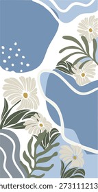 Bela arte abstrata moderna com margaridas brancas e formas orgânicas azuis. Perfeito para a arte da parede da moda, cartões de felicitações ou papéis de parede do telefone. Este design floral criativo traz uma vibração calmante