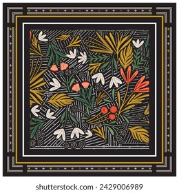 Decorativo adorno de flores de colores negro   fondo, patrón simétrico con hermosas flores. Mandala étnico tribal. Mantón de banana, hijab, mantel estampado de tela, bufanda de seda.