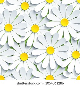 Beautiful modern background seamless pattern with white 3d flowers chamomiles cut paper. Floral trendy creative wallpaper. Stylish nature spring or summer backdrop. Graphic design. Vector illustration