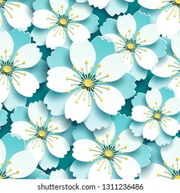 Beautiful modern blue background seamless pattern with decorative white 3d sakura flower, japanese cherry tree blossom cut paper. Floral stylish wallpaper. Trendy graphic design. Vector illustration