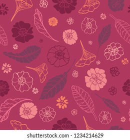 Beautiful modern botanical floral pattern in plum, coral and red violet, Sophisticated flowers and leaves vector design, great for textiles, fashion, home decor,gift wrapping paper and wallpaper uses.