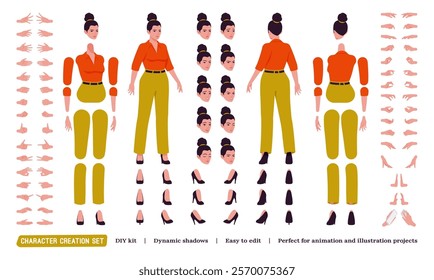 Beautiful modern businesswoman, brunette DIY character creation set. Attractive female model body figure parts. Head, leg, hand gestures, different emotions, construction kit. Vector illustration