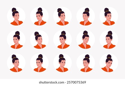 Beautiful modern businesswoman, brunette top knot female avatar portrait set, lady leader, manager bundle. Feelings, face emotion icons, player character mood, user pic circles. Vector illustration