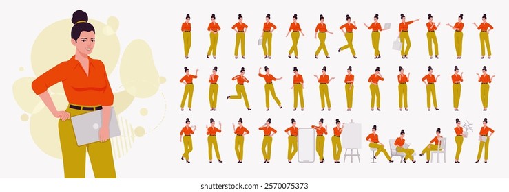 Beautiful modern businesswoman character set, busy office workday life poses bundle. Business lady, active attractive female day routine at workspace, corporate company lifestyle. Vector illustration