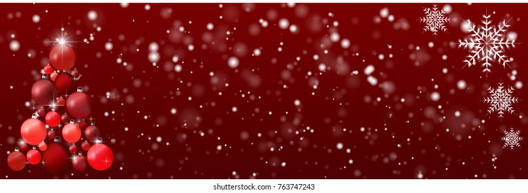 Beautiful modern Christmas tree with colorful balls on a burgundy panoramic background. copy-space for text .
