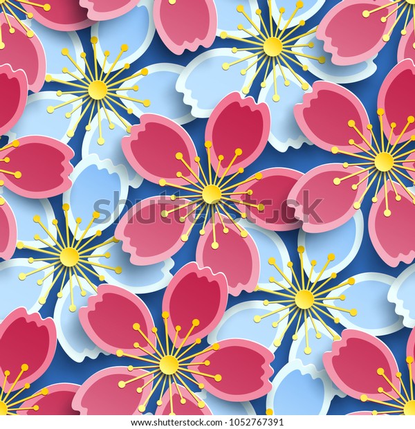 美しいモダンなカラフル背景 にシームレスなパターン 装飾的な青 ピンク 赤い3d桜の花 日本の桜のカット紙 花柄のスタイリッシュなトレンディ壁紙 グラフィックデザインのベクター画像 のベクター画像素材 ロイヤリティ フリー