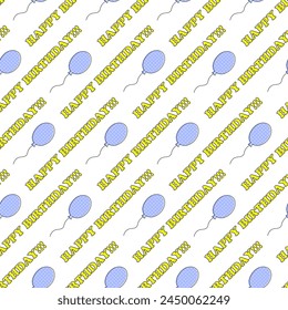 Beautiful modern colorful festive pattern with balls and happy birthday text. For print, seamless texture