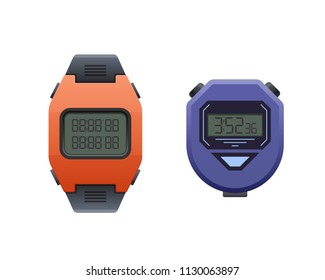 Beautiful modern digital wrist watch. Stopwatch and wrist sport watch with rubber and plastic base and strap. Time tracking. Vector illustration isolated.