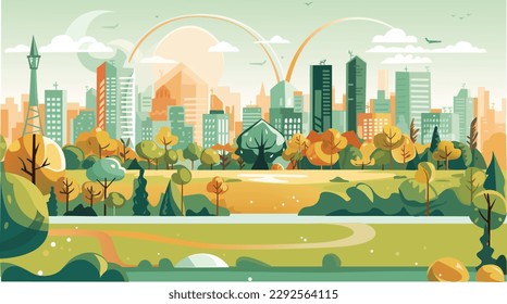 Beautiful modern eco friendly green city panoramic view with skyscrapers and parks. Idilic place to live, city of the future concept illustration