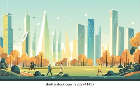 Beautiful modern eco friendly green city panoramic view with skyscrapers and parks. Idilic place to live, city of the future concept illustration