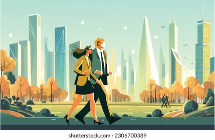 Beautiful modern eco friendly green city panoramic view with skyscrapers, park and business people walking at work. Idilic place to live, city of the future concept illustration