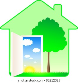 beautiful modern eco house with tree and summer landscape