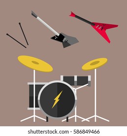 Beautiful modern electric guitar jazz instrument string concert style acoustic sound tool and musical play metal song classic rock roll drum vector illustration.