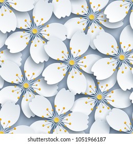 Belo fundo moderno elegante padrão sem costura, flor decorativa de sakura branca 3d, papel de corte de flor de cerejeira japonesa. Papel de parede elegante floral na moda. Vetor de design gráfico